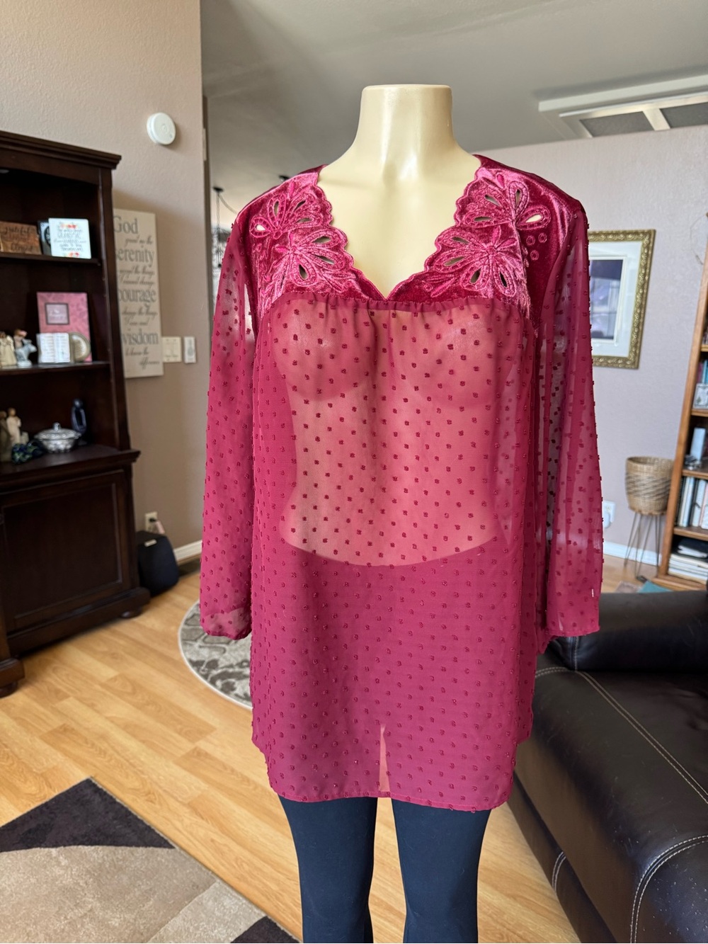Style and Co sheer red velvet yoke V/neck blouse-size L